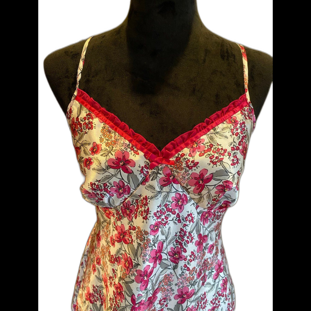 Adonna Lingerie Spagetti Strap Nightgown Pink Print‎ Silky Feel Size Large Sexy